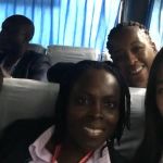 From left to right:
(up) Khanyisa Hlekane, the alliance manager of Standard Bank South Africa, (below) Emmanuel Ankrah Odame, the Director Policy, Planning, Monitoring and Evaluation of Ghana Ministry of Health, Emma Ofori Afyemang, the Ministry of Employment and Labor Relation, and Jessica at the bus heading to BSD City on Feb. 20, 2017
